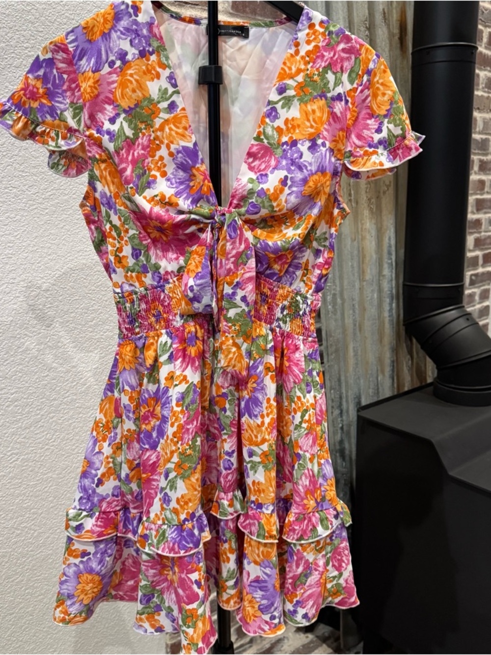 PrettyGarden Floral Tie-Front Ruffle Mini Dress - Pink Orange Purple Size Small
